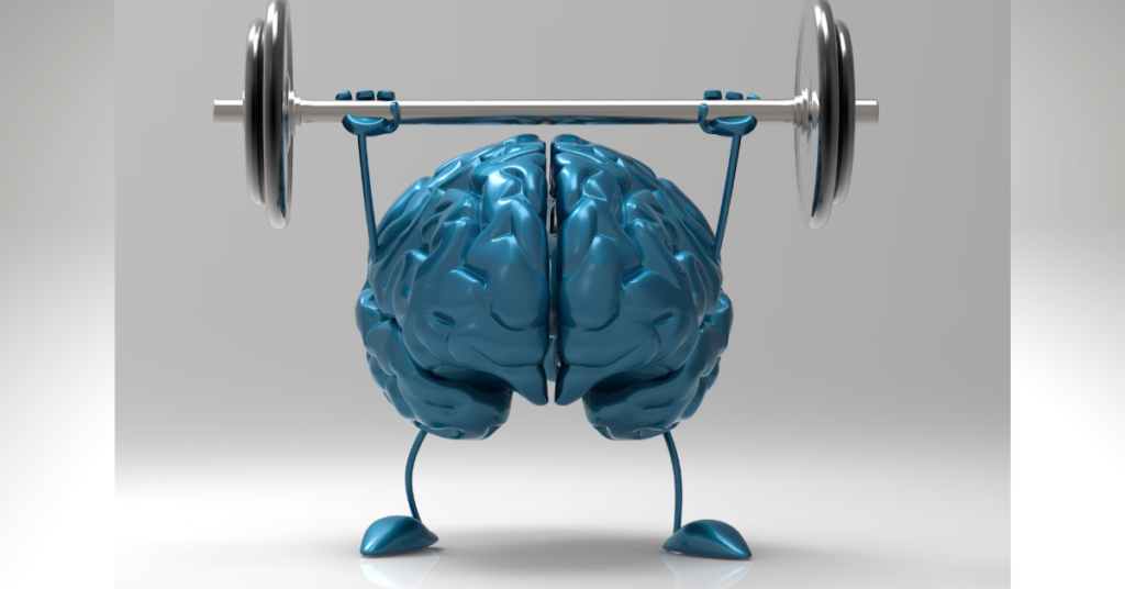 Brain lifting weights to symbolize brain strength and training for Athletcs