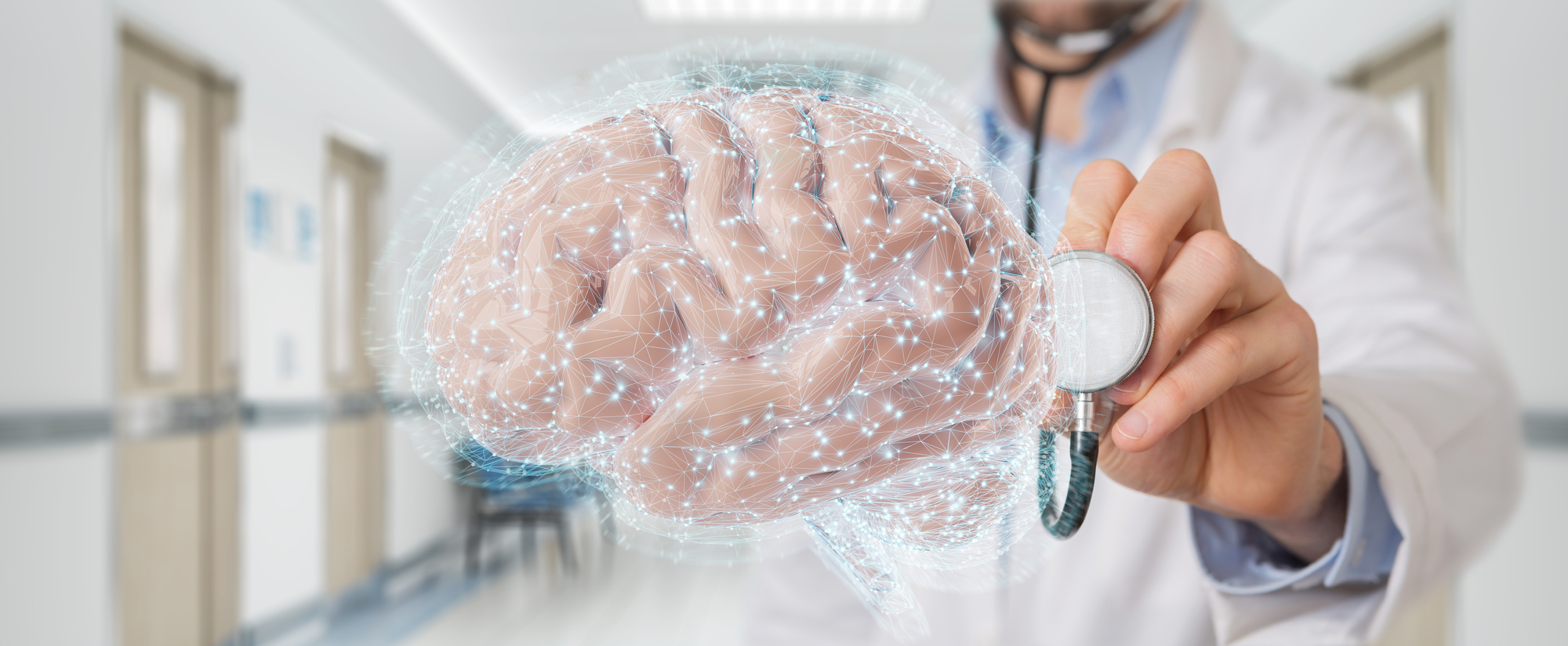 a doctor holding a stethoscope up to a three dimensional hologram of a healthier brain