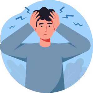 man experiencing headaches and stress symptoms in blue shirt